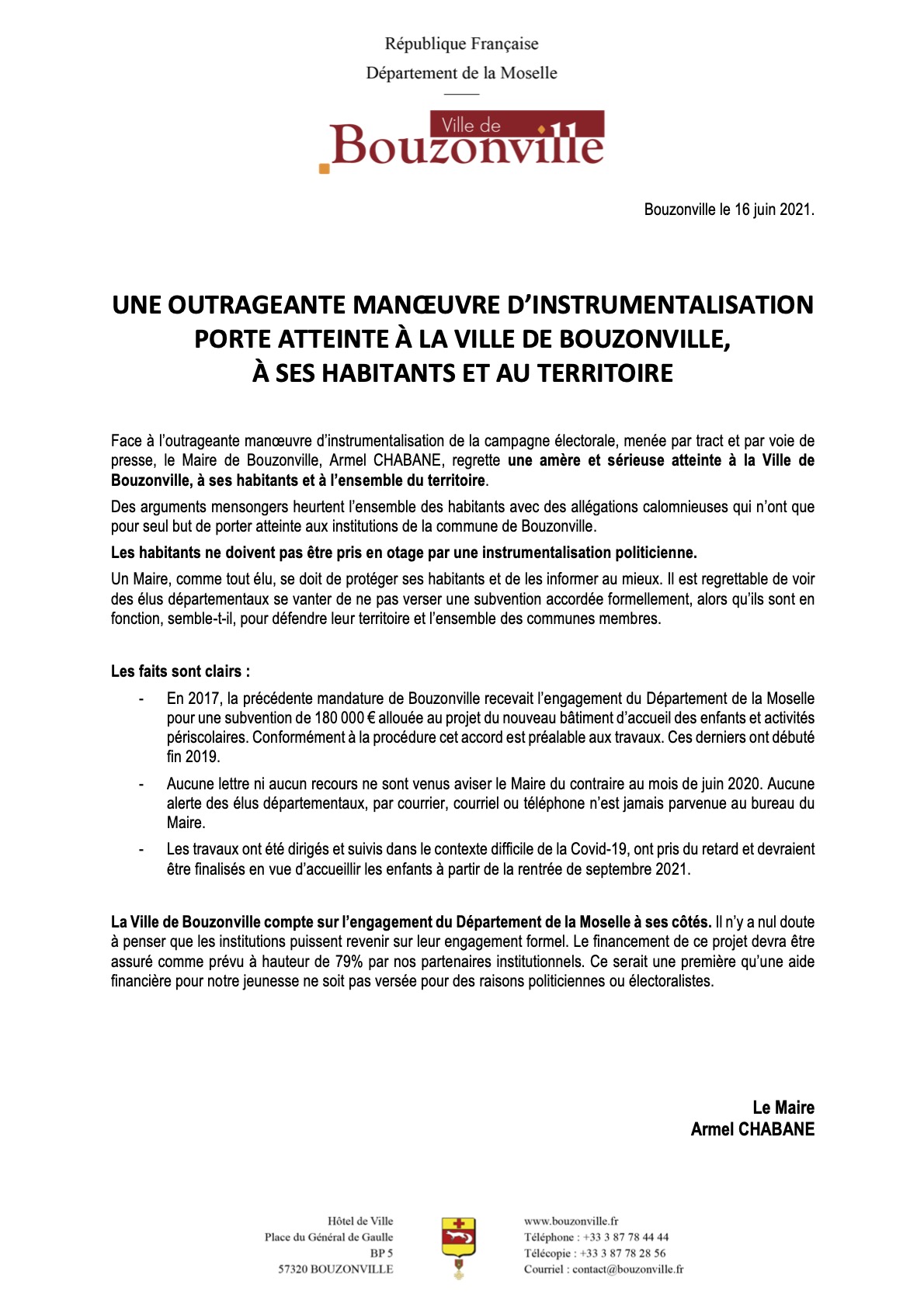Une outrageante manœuvre d'instrumentalisation porte atteinte à la ville de Bouzonville, à ses habitants et au territoire
